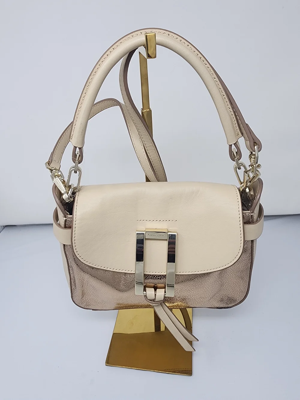 Cream and Taupe Leather Shoulder Bag with Gold Hardware